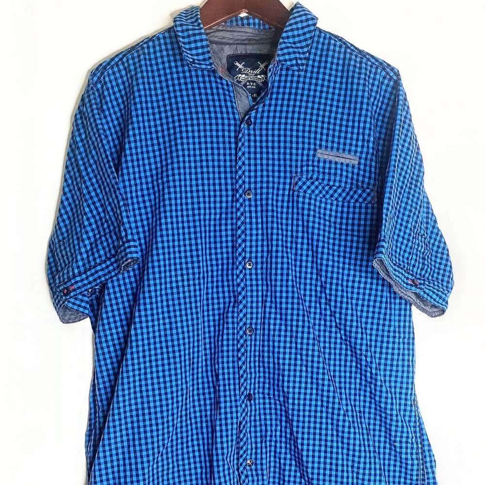 Drill NYC XL Mens Plaid Blue Black Short Sleeve Button Down Light Weight